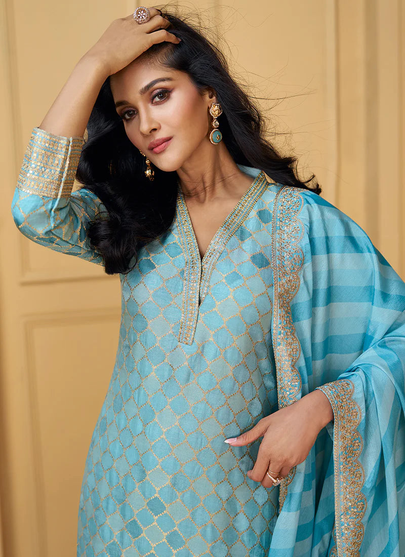 Designer Sky Blue Embroidered Silk Salwar Kameez