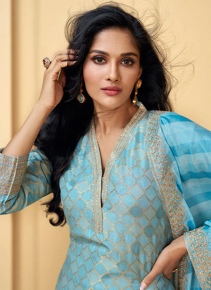 Designer Sky Blue Embroidered Silk Salwar Kameez