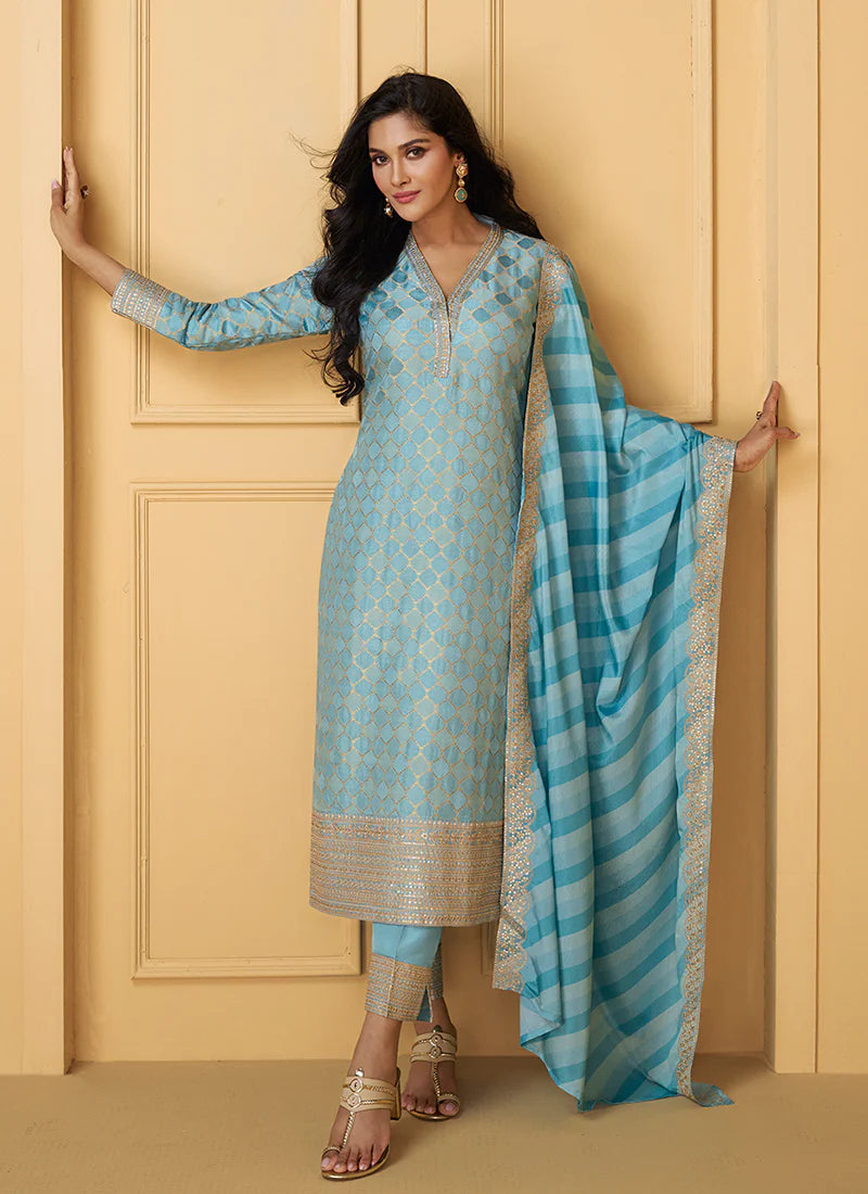 Designer Sky Blue Embroidered Silk Salwar Kameez