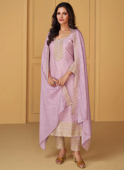 Designer Lilac Purple Embroidered Silk Salwar Kameez