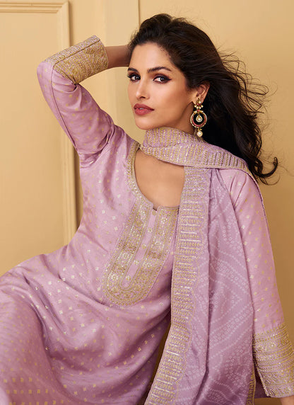 Designer Lilac Purple Embroidered Silk Salwar Kameez