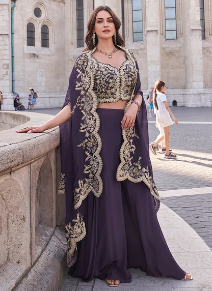 Purple Designer Palazzo Suit with Embroidered Cape