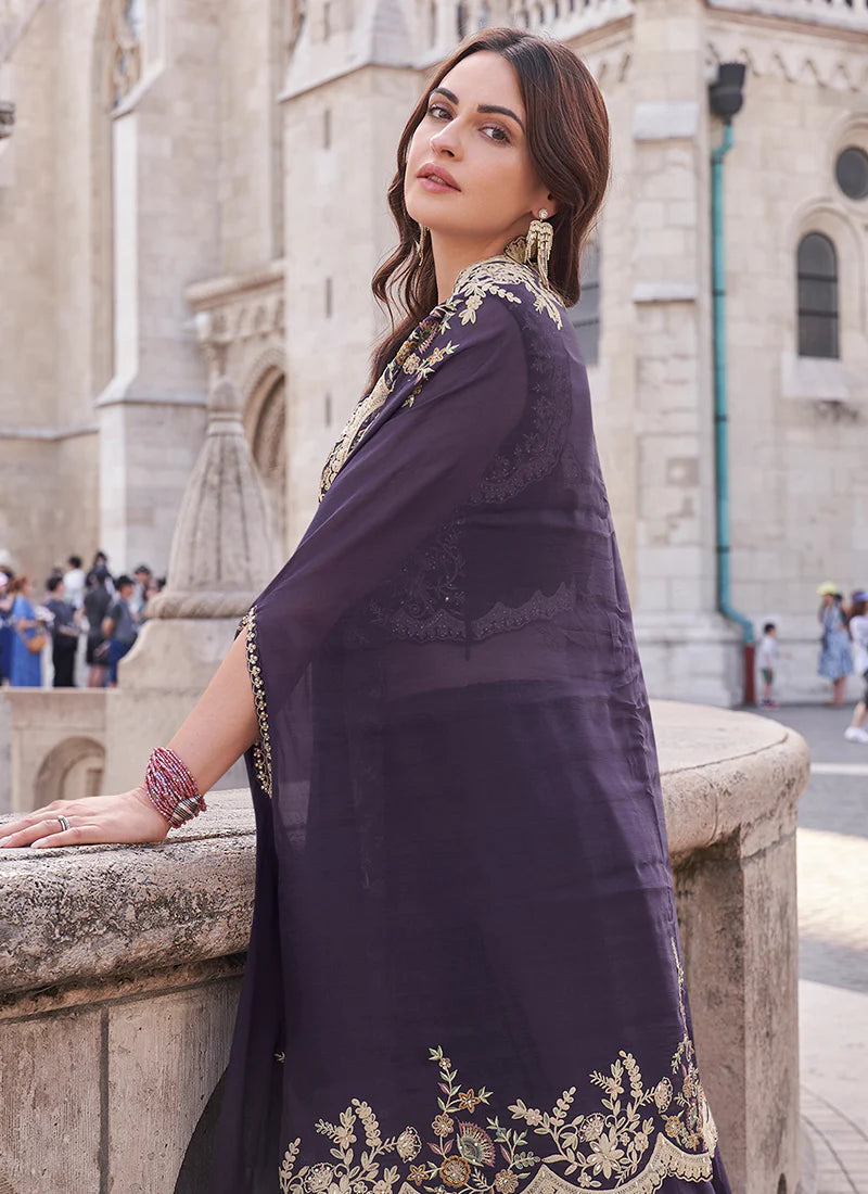 Purple Designer Palazzo Suit with Embroidered Cape