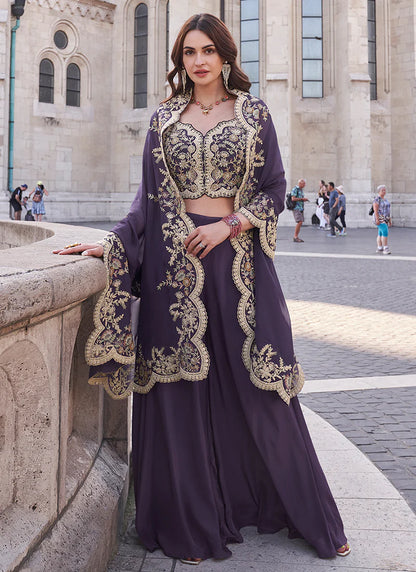 Purple Designer Palazzo Suit with Embroidered Cape