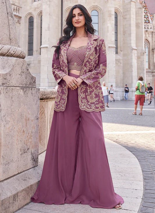 Mauve Designer Palazzo Suit with Embroidered Cape