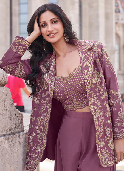 Mauve Designer Palazzo Suit with Embroidered Cape