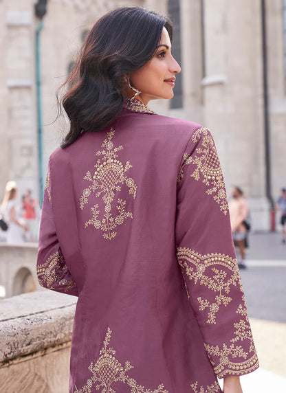 Mauve Designer Palazzo Suit with Embroidered Cape