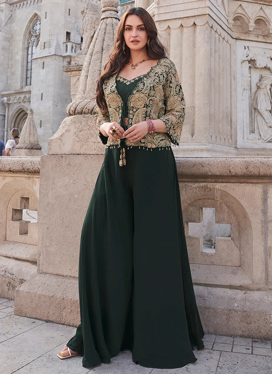 Green Designer Palazzo Suit with Embroidered Cape