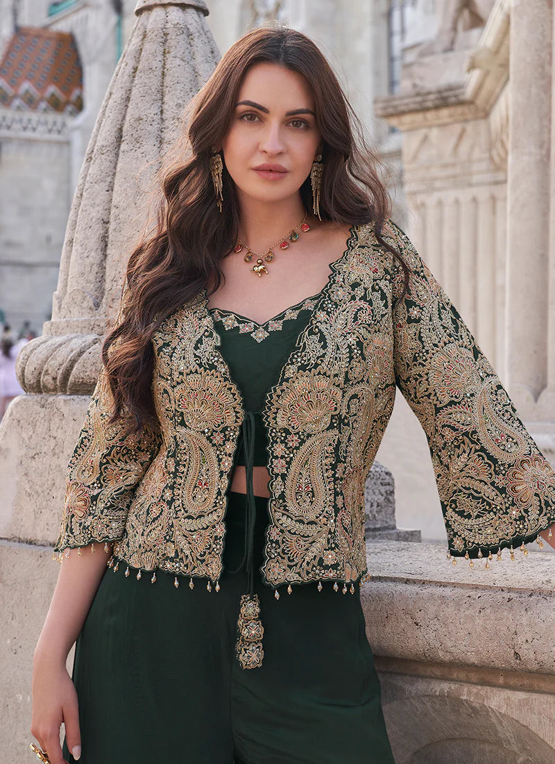 Green Designer Palazzo Suit with Embroidered Cape