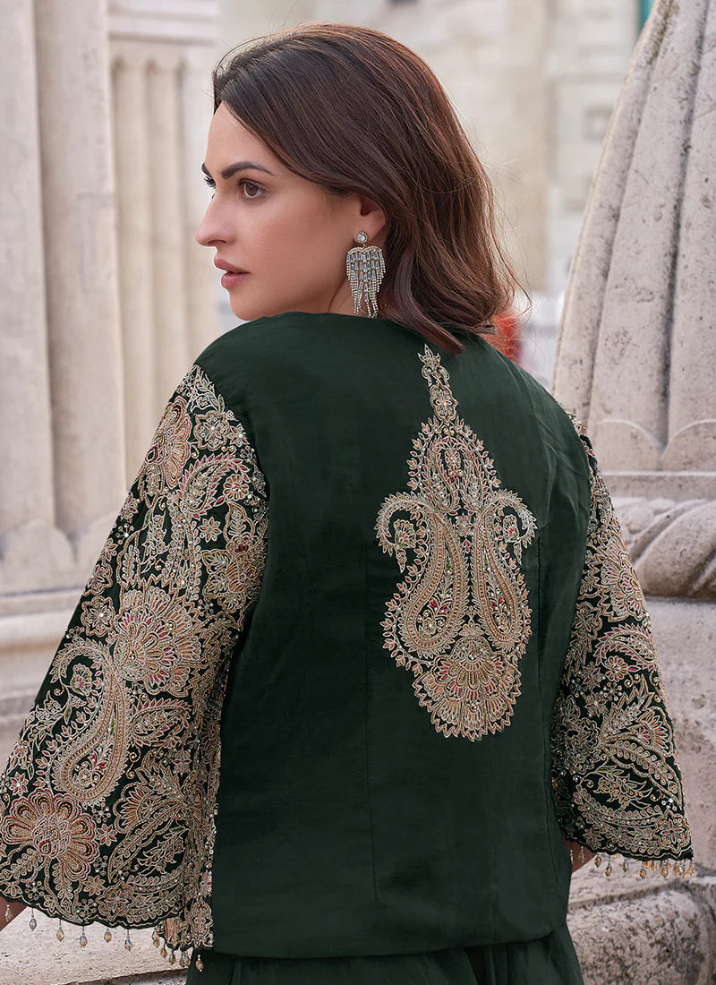 Green Designer Palazzo Suit with Embroidered Cape