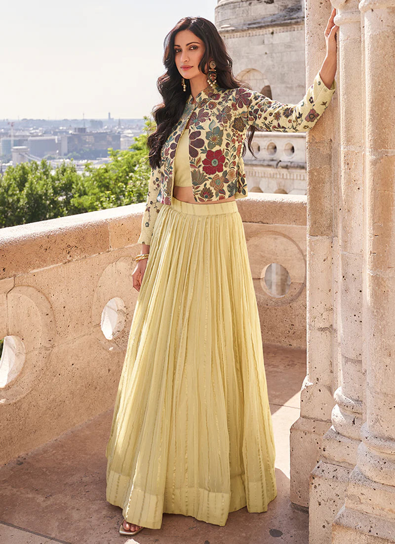 Floral Embroidered Pastel Yellow Jacket Lehenga Ensemble