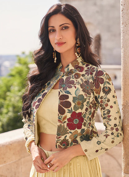 Floral Embroidered Pastel Yellow Jacket Lehenga Ensemble