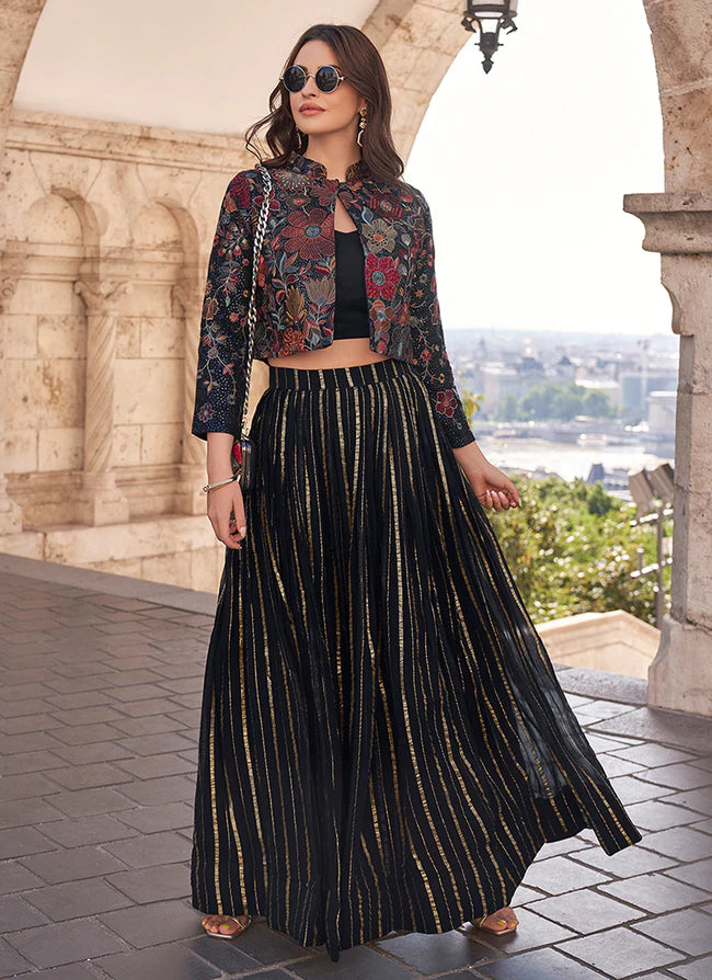 Floral Embroidered Black Jacket Lehenga Ensemble