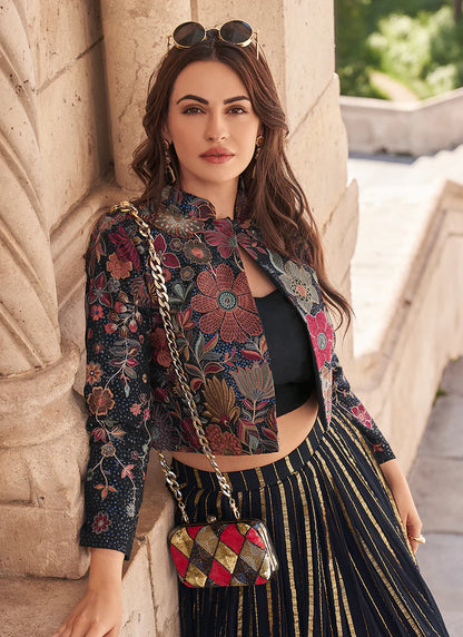 Floral Embroidered Black Jacket Lehenga Ensemble