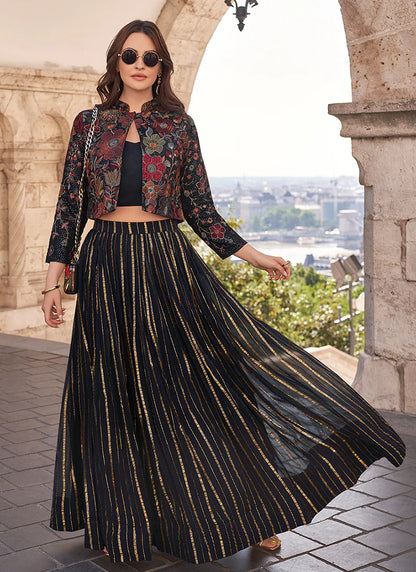 Floral Embroidered Black Jacket Lehenga Ensemble