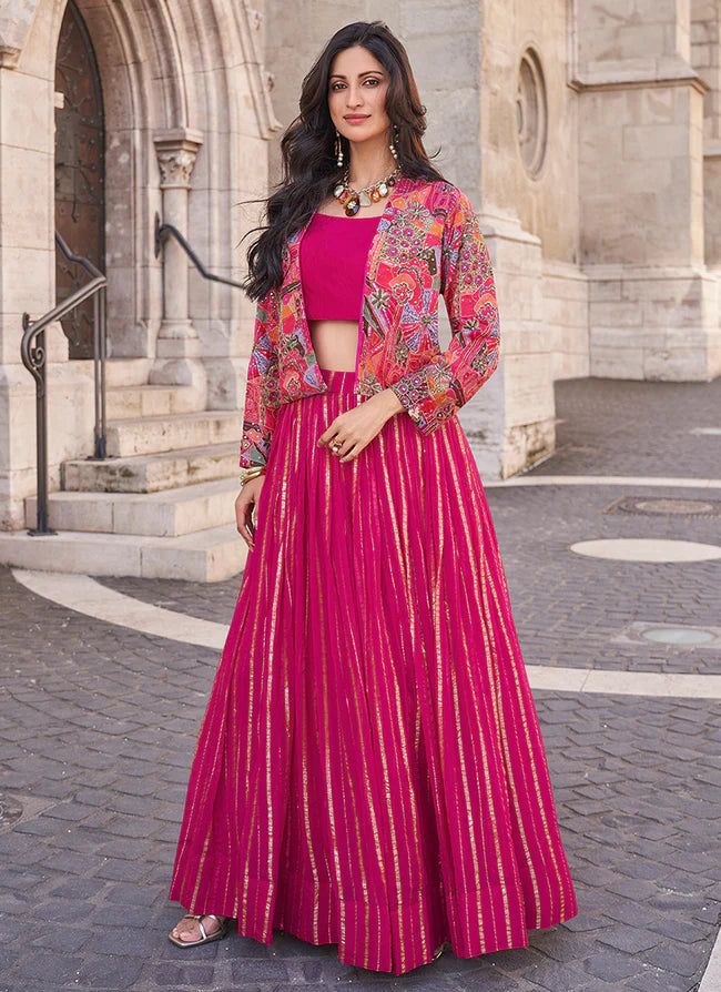 Floral Embroidered Magenta Pink Jacket Lehenga Ensemble