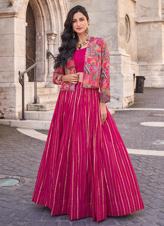 Floral Embroidered Magenta Pink Jacket Lehenga Ensemble