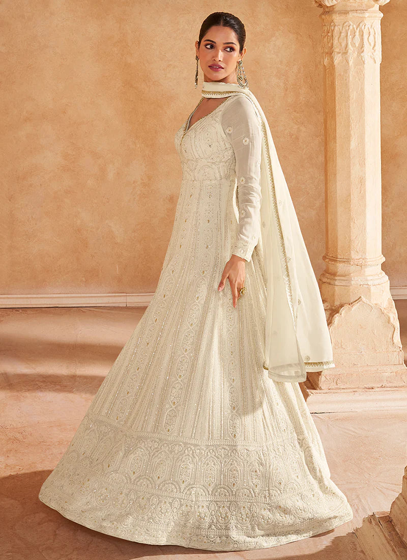 Ivory White Chikankari Designer Anarkali – Indian & Pakistani Festival Wear