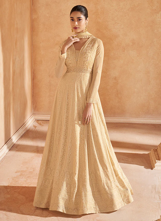 Golden Beige Chikankari Designer Anarkali – Indian & Pakistani Festival Wear