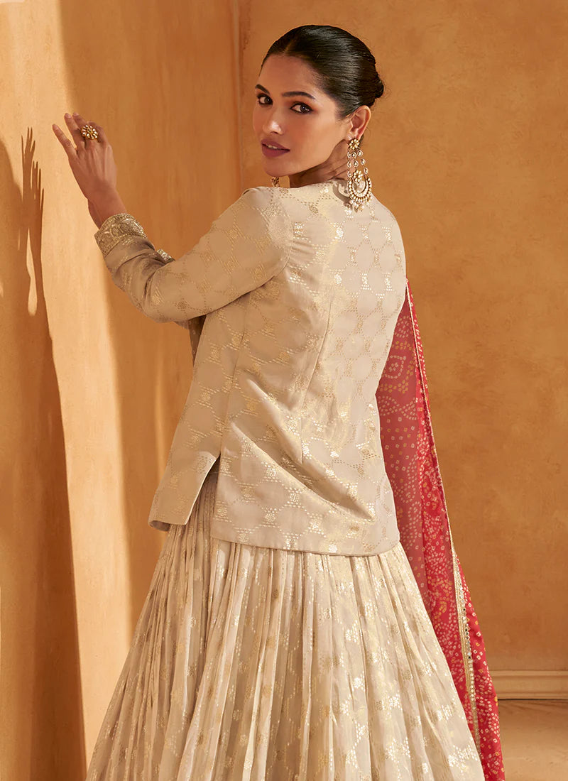 Traditional Indian Ivory Beige Golden Embroidered Lehenga Kurti