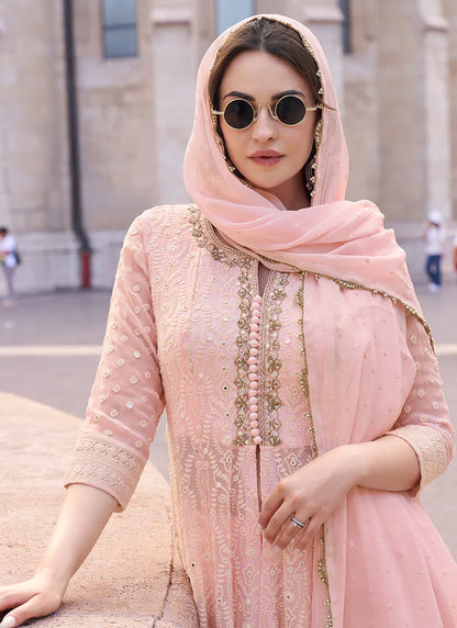 Lucknowi Embroidered  Baby Pink Anarkali Suit