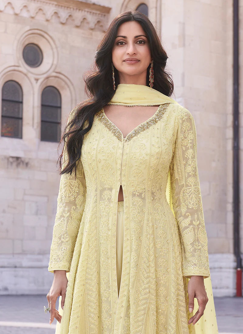 Lucknowi Embroidered  Yellow  Slit Anarkali Suit