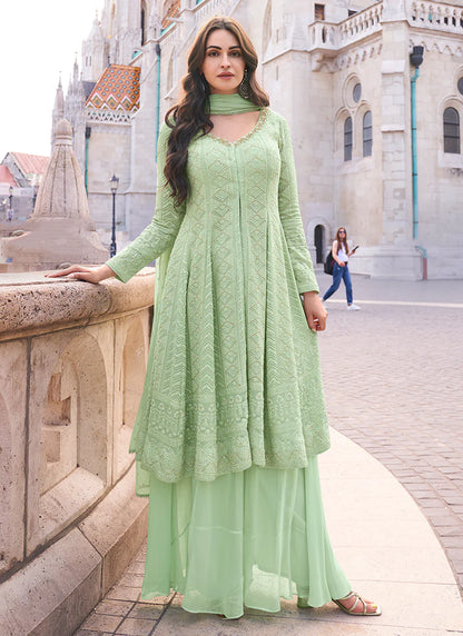 Lucknowi Embroidered Mint Green Slit Anarkali Suit