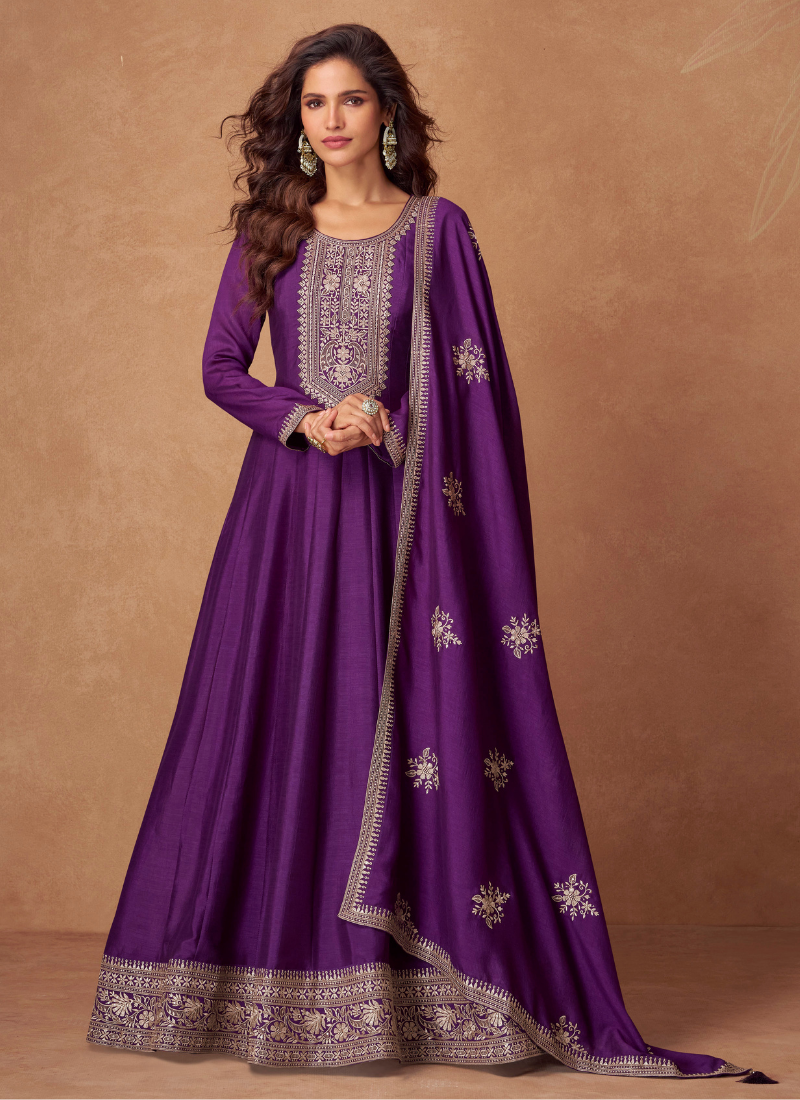 Purple Anarkali Silk Gown with Embroidery Work and Dupatta for Pakistani Weddings and Indian Festivals 