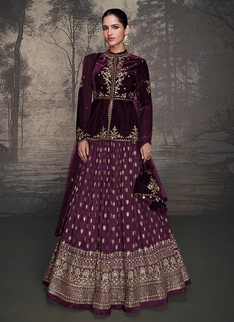 Designer Deep Purple Lehenga with Intricate Golden Embroidery