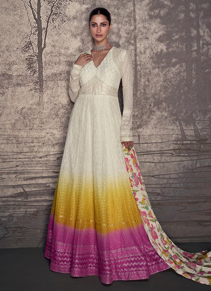 Elegant Off White Ombré Anarkali Gown with Embroidery