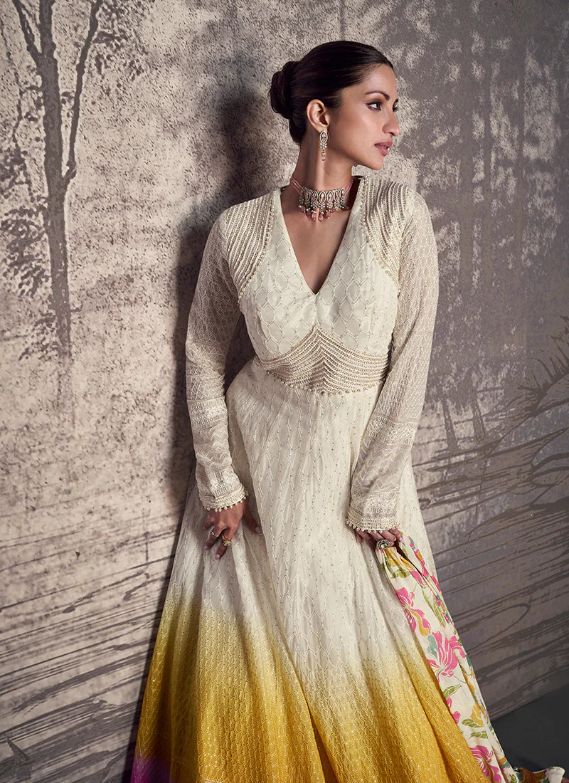 Elegant Off White Ombré Anarkali Gown with Embroidery