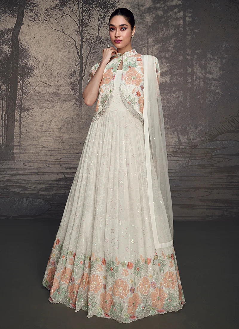 Elegant Pearl Anarkali Gown with Designer Jacket