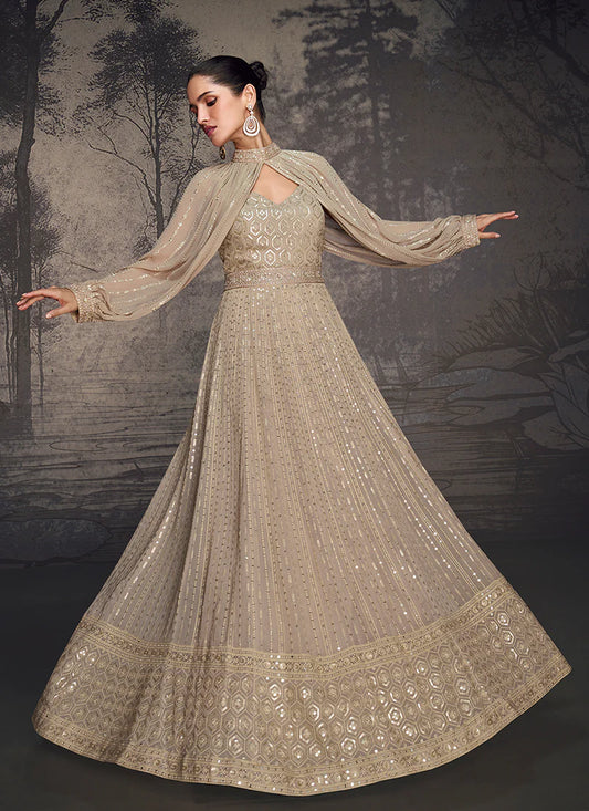 Elegant Beige Anarkali Gown with Golden Embroidery