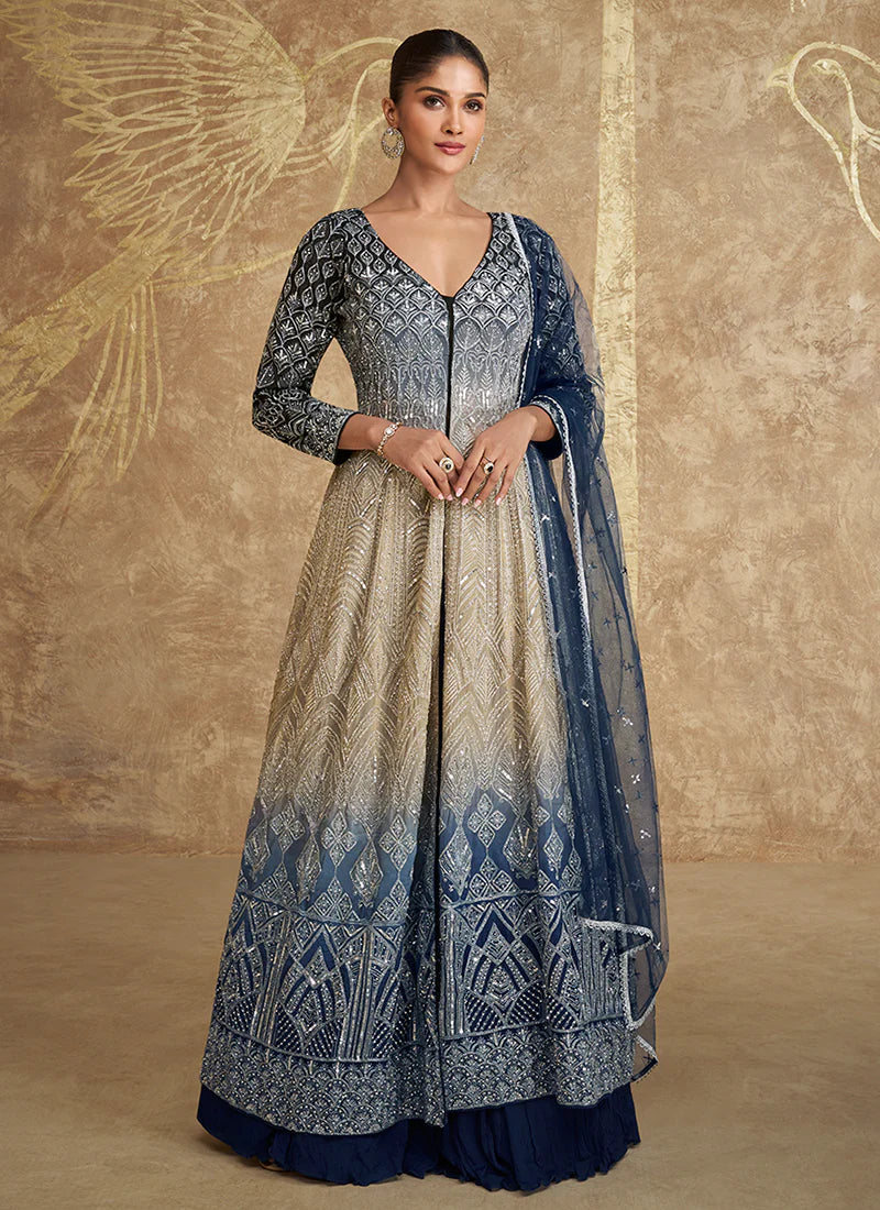 Trendy Blue Beige Embroidered Anarkali Lehenga