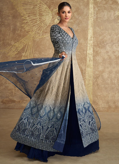 Trendy Blue Beige Embroidered Anarkali Lehenga