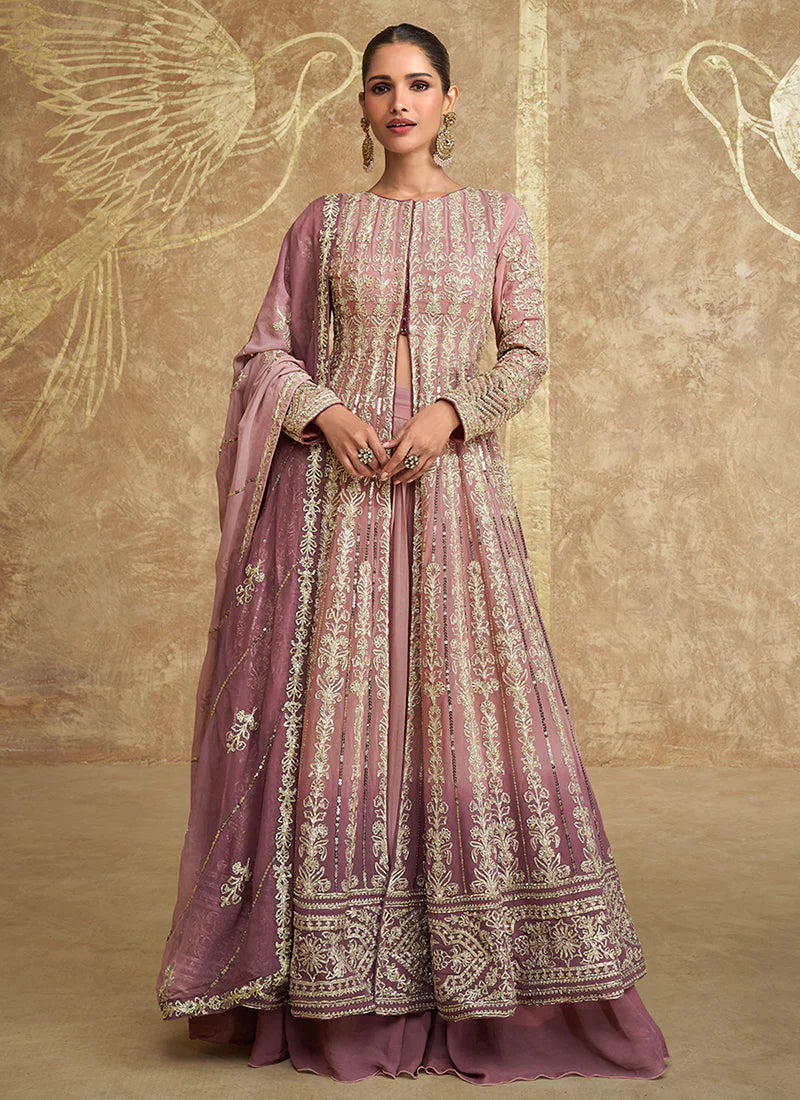 Trendy Rose Pink Embroidered Anarkali Lehenga 