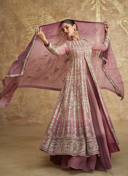 Trendy Rose Pink Embroidered Anarkali Lehenga