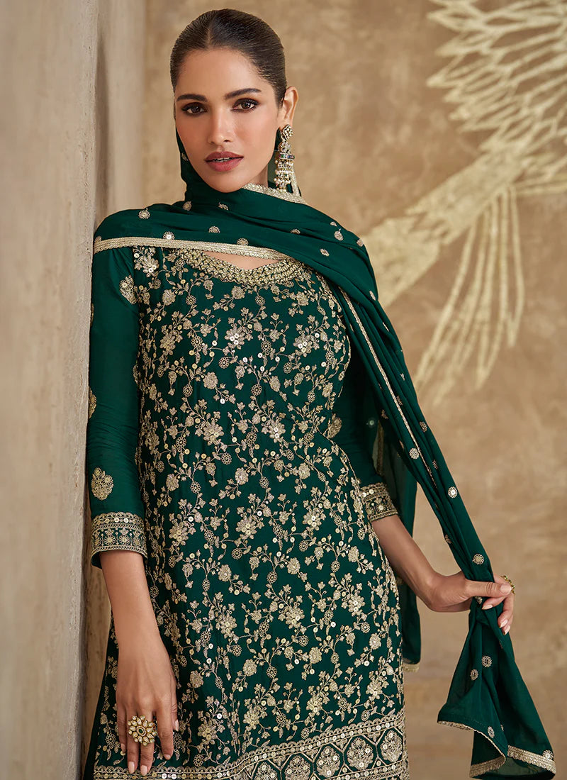 Fancy and Colorful Green Sharara Suits in Pure Chinnon Silk