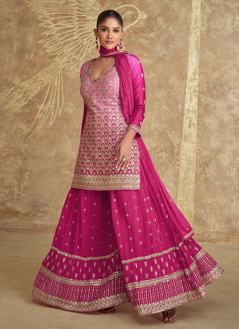 Fancy and Colorful Sharara Suits in Pure Chinnon Silk