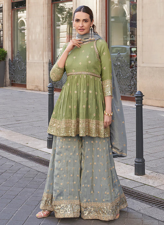 Luxurious Green and Mist Blue Party wear Palazzo Suit