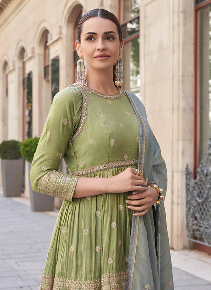 Luxurious Green and Mist Blue Party wear Palazzo Suit