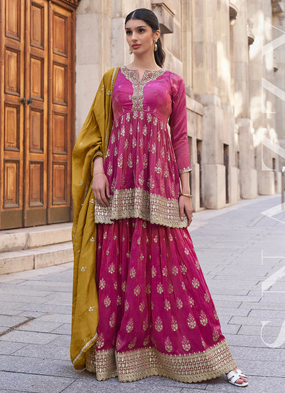 Luxurious Pink and Mustard Party wear Palazzo Suit