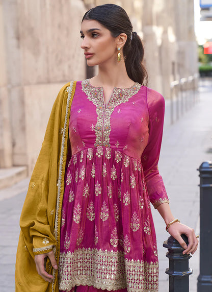 Luxurious Pink and Mustard Party wear Palazzo Suit