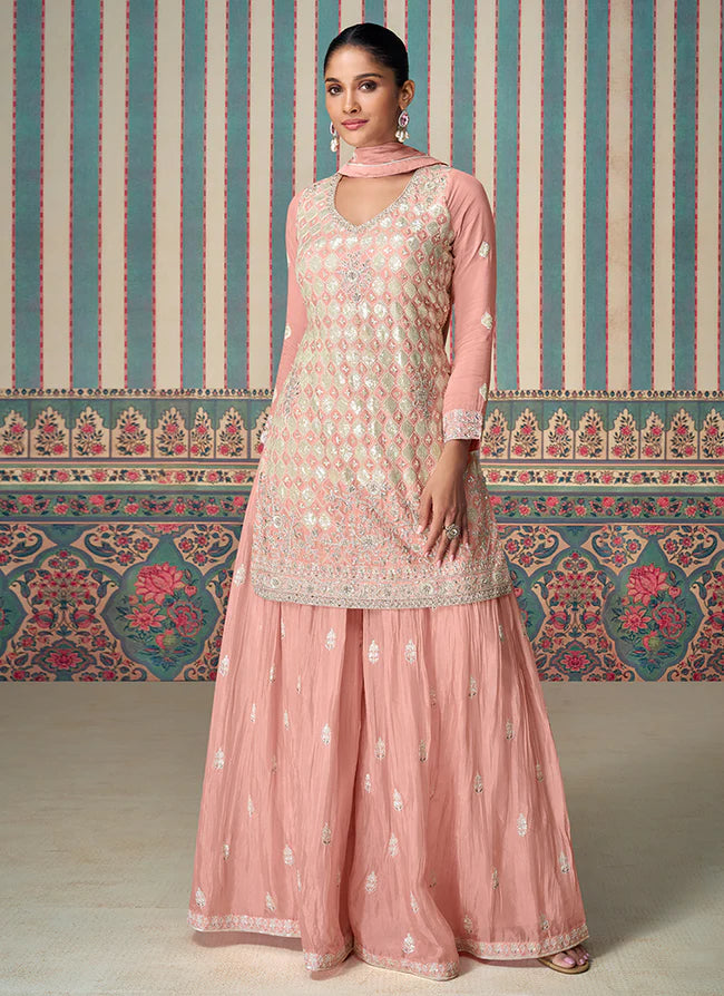 Blush Pink Indian & Pakistani Style Chinnon Sharara Suit with Embroidery