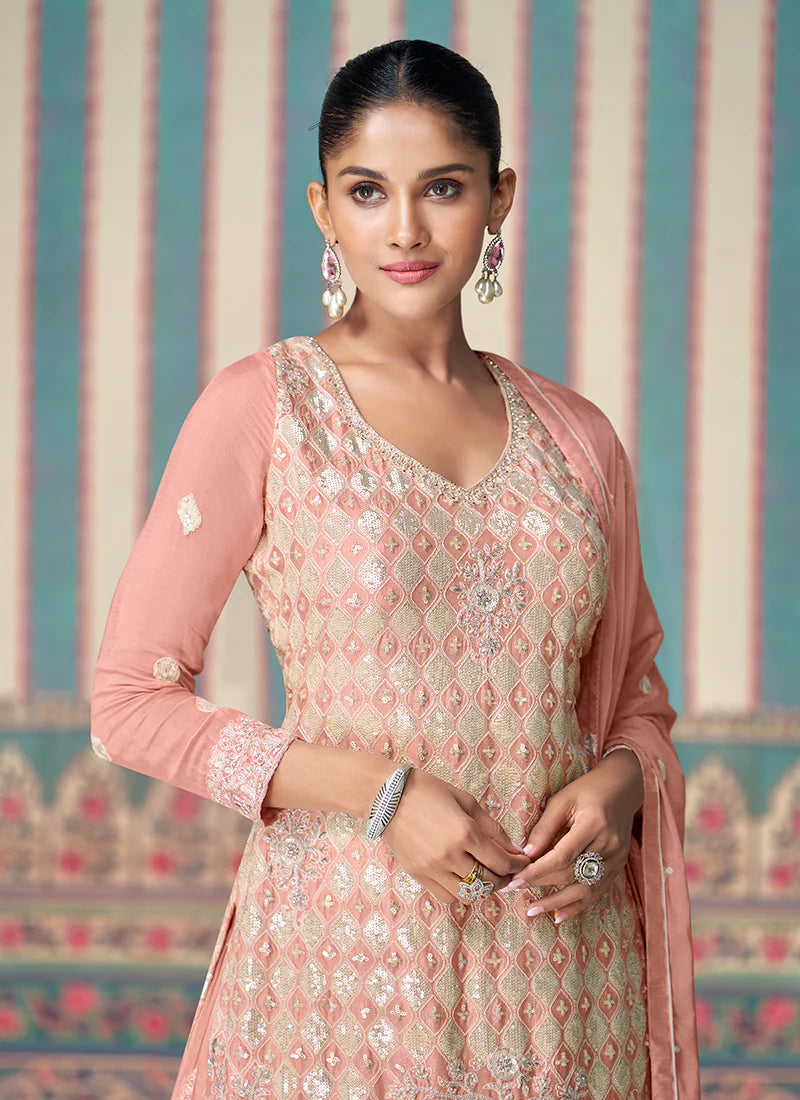 Blush Pink Indian & Pakistani Style Chinnon Sharara Suit with Embroidery