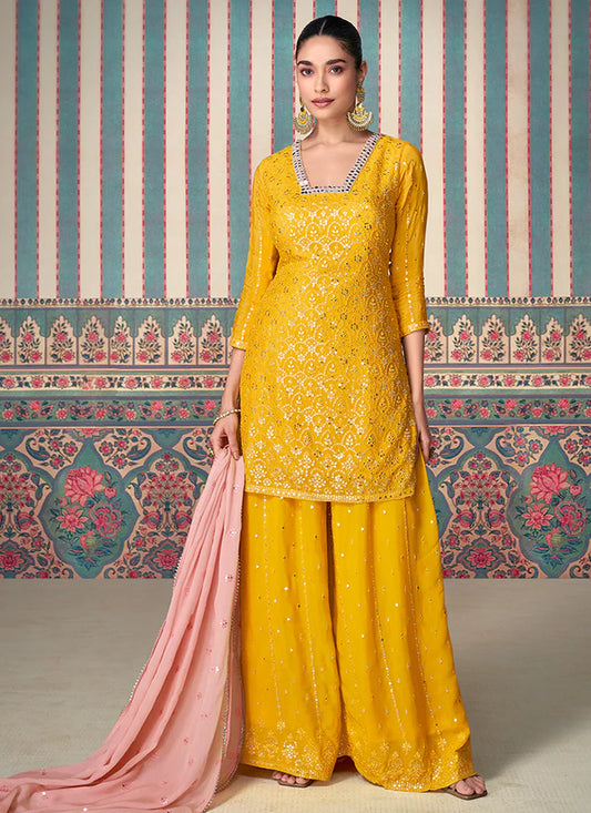 Yellow and Pink Indian & Pakistani Style Chinnon Sharara Suit with Embroidery