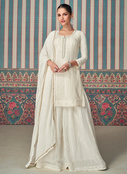 White Indian & Pakistani Style Chinnon Sharara Suit with Embroidery