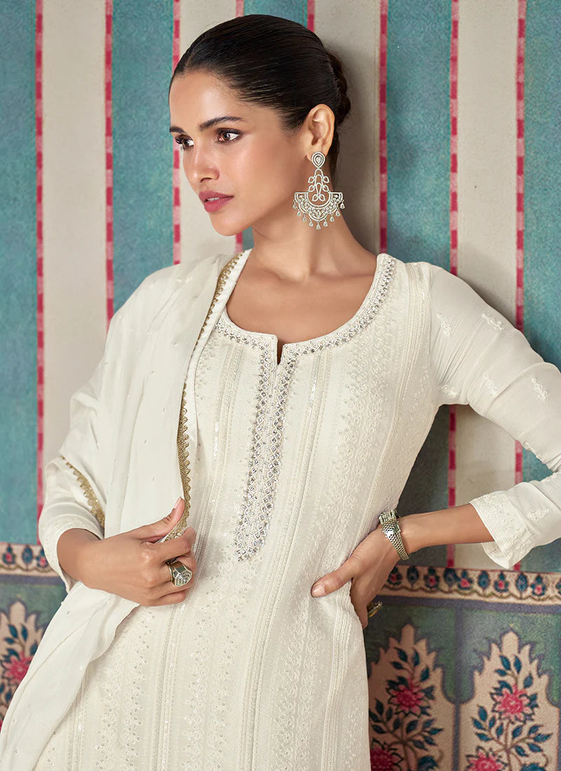 White Indian & Pakistani Style Chinnon Sharara Suit with Embroidery