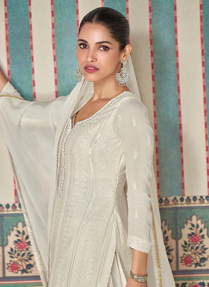 White Indian & Pakistani Style Chinnon Sharara Suit with Embroidery