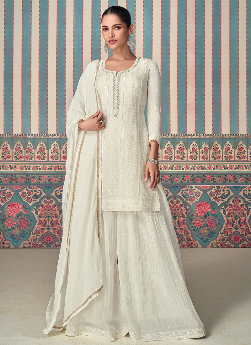 White Indian & Pakistani Style Chinnon Sharara Suit with Embroidery